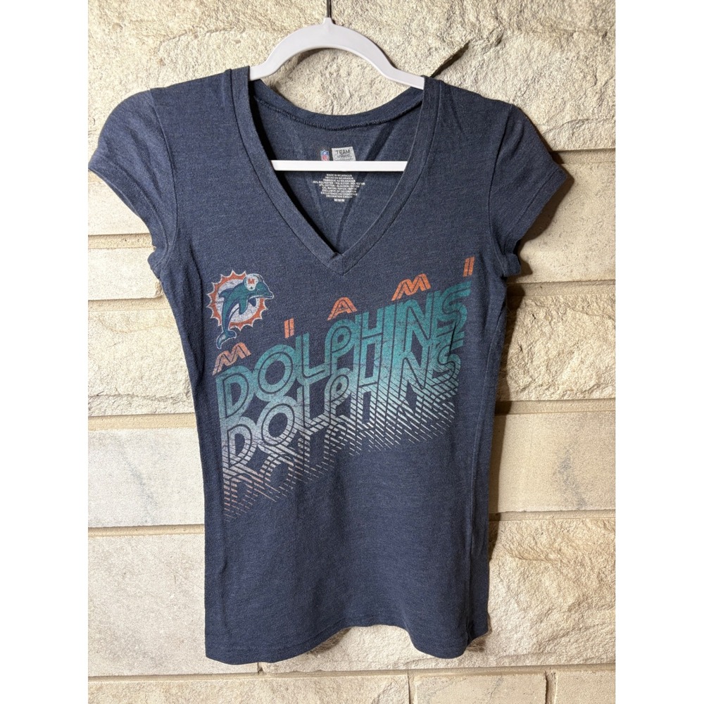 NFL Team Apparel Miami Dolphins Womens‎ V-Neck T-Shirt Heather Navy Blue Medium